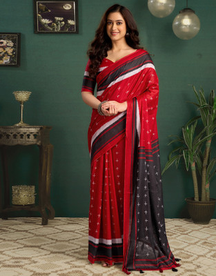 Sangria Printed Daily Wear Cotton Blend Saree(Red)