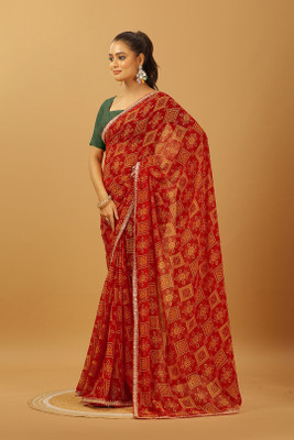 DURGACREATION Printed Bollywood Georgette Saree(Red)