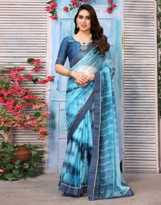 Samah Printed, Dyed, Embellished Bollywood Lycra Blend Saree(Blue)