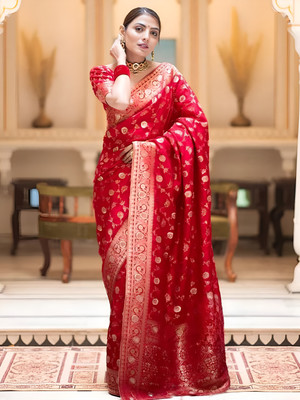 YASHIKA Woven Banarasi Cotton Silk, Jacquard Saree(Red)