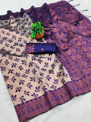 AVANTIKA FASHION Woven Kanjivaram Pure Silk, Art Silk Saree(Grey, Dark Blue)