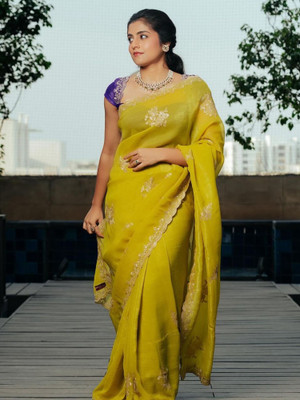 Tasrika Embroidered Bollywood Chiffon Saree(Yellow)
