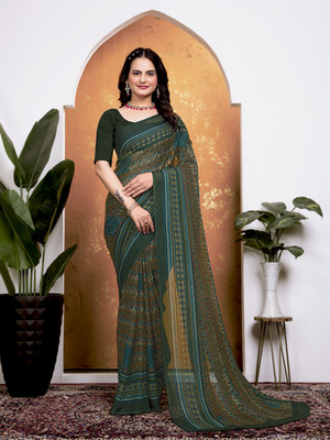 Kanooda Prints Printed Daily Wear Georgette Saree(Dark Green)