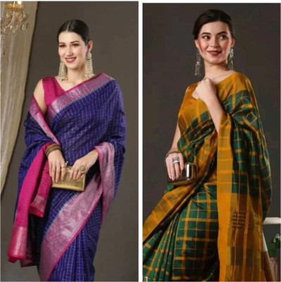 Bhagwati Creation Striped, Checkered Chanderi Cotton Silk Saree(Pack of 2, Multicolor)