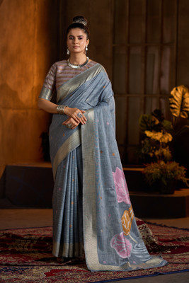 Tasrika Floral Print Bollywood Linen Saree(Grey)