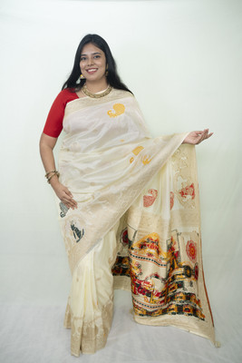 SnehaFashion Creation Woven Baluchari Silk Blend Saree(White)