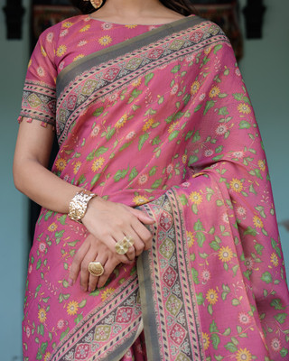 ALMAARI FASHION Digital Print, Floral Print Handloom Cotton Linen Saree(Pink)