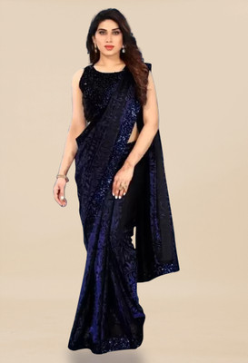 VILUCHI Embroidered Bollywood Lycra Blend Saree(Dark Blue)
