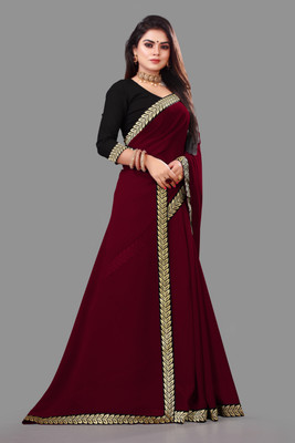 pari creation Solid/Plain Bollywood Georgette, Lace Saree(Maroon, Black)