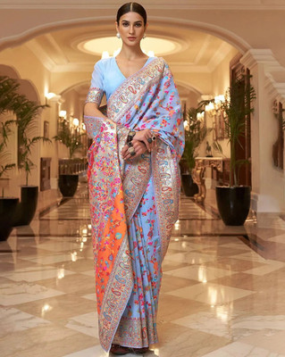 NEZAA EXPORT Woven Kanjivaram Pure Cotton Saree(Light Blue)