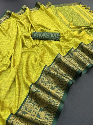 SHARIRI Printed, Self Design, Geometric Print, Woven, Graphic Print Bollywood Jacquard, Art Silk Saree(Yellow, Green)