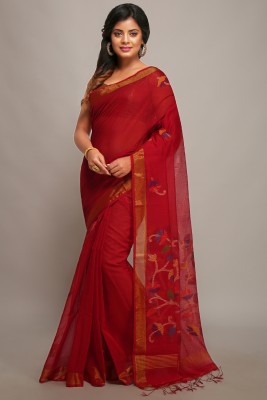 WoodenTant Woven Jamdani Cotton Silk Saree(Red)