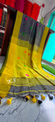 LDma Embroidered, Solid/Plain Handloom Pure Cotton Saree(Grey, Yellow)