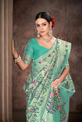 Divastri Woven Bollywood Cotton Blend Saree(Light Green)
