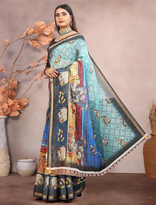 MAANVIT Digital Print Kanjivaram Pure Cotton, Cotton Linen Saree(Multicolor)