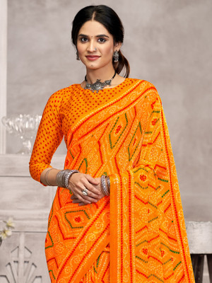 Sareemall Printed Bandhani Chiffon Saree(Yellow)