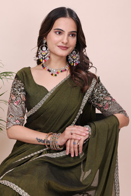 K 5 FASHION Self Design, Embroidered Bollywood Chiffon Saree(Light Green)