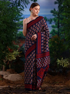 Divastri Printed Daily Wear Silk Blend Saree(Dark Blue)