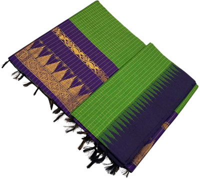 sri amman sarees Woven, Checkered Gadwal Cotton Blend Saree(Dark Green)