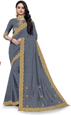 Vraj Textile Embroidered Bollywood Pure Silk Saree(Grey)