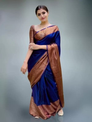 HouseOfCommon Self Design, Printed, Embroidered, Embellished, Woven Kanjivaram Silk Blend, Jacquard Saree(Blue)