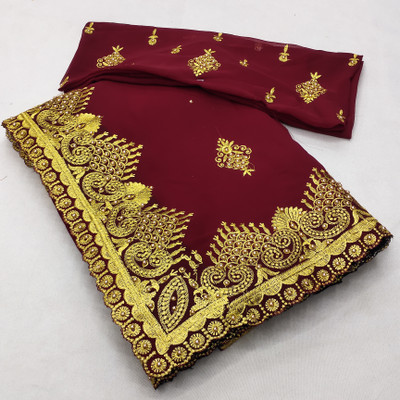 KHRITI FAB Embroidered, Floral Print Bollywood Georgette Saree(Maroon)