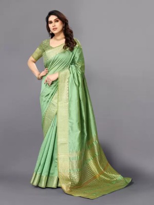 VRIYUDI Woven, Self Design, Striped Assam Silk Pure Cotton, Cotton Silk Saree(Light Green)