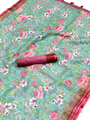 Arpita Fashion Digital Print Daily Wear Linen Saree(Light Green)