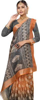 Gajal Printed Kanjivaram Pure Cotton, Cotton Linen Saree(Mustard, Black)