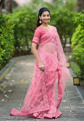 NIYANTAKSH Embroidered Kalamkari Net Saree(Pink)