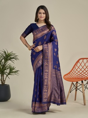 SwenyFashion Woven Kanjivaram Cotton Silk Saree(Blue)