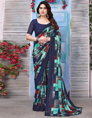 HouseOfCommon Floral Print Bollywood Georgette Saree(Dark Blue, Light Green)