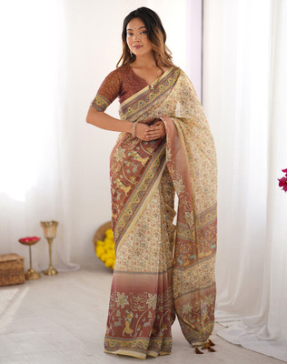 Tasrika Floral Print, Woven, Embellished Kalamkari Linen Saree(Pink)
