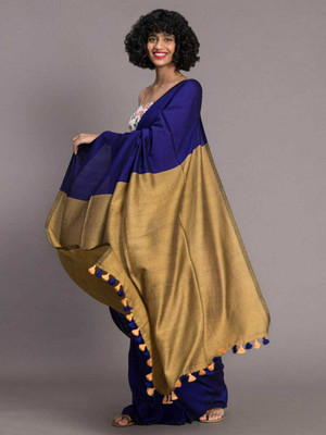 Parbati fashion Solid/Plain Handloom Cotton Blend Saree(Blue)