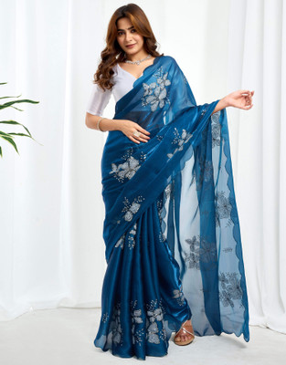 all about you Embellished, Embroidered Bollywood Chiffon Saree(Blue)