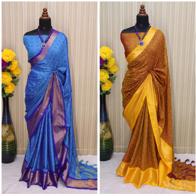 VRINDITA FASHION Woven Mysore Jacquard, Cotton Silk Saree(Pack of 2, Light Blue, Mustard)
