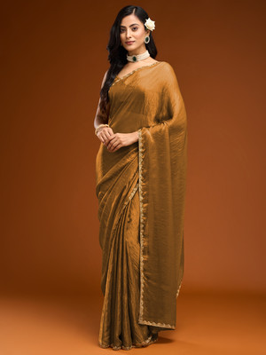 HIFLI Solid/Plain Bollywood Silk Blend Saree(Orange)