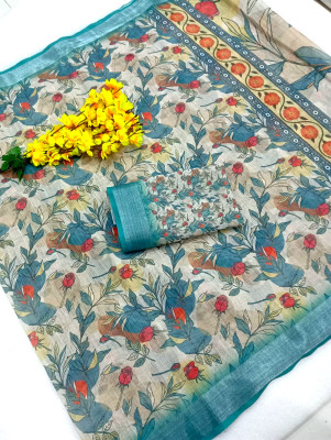 Saaransh Floral Print Kanjivaram Linen, Cotton Silk Saree(Multicolor)