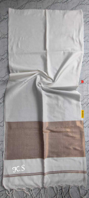 SAYAN CREATION Self Design, Temple Border Handloom Cotton Blend Saree(White)