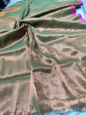buytant Solid/Plain Tant Handloom Tissue Saree(Green)