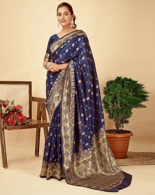 HouseOfCommon Self Design Kanjivaram Jacquard, Silk Blend Saree(Dark Blue)
