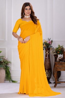 BINAKA FASHION Solid/Plain Bollywood Georgette Saree(Yellow)