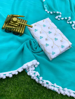 HIJA TRENDZ Solid/Plain Bollywood Georgette Saree(Light Blue)