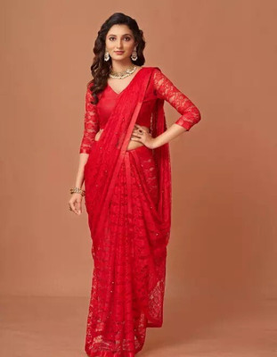 Paanthcreation Solid/Plain Bollywood Net Saree(Red)