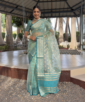 Aika Woven Bollywood Organza Saree(Light Blue)