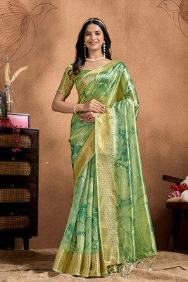 Mirthika Text Woven Assam Silk Silk Blend Saree(Green)