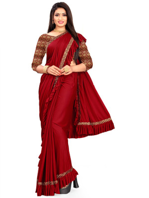 PANETAR Printed, Solid/Plain Bollywood Lycra Blend Saree(Red)