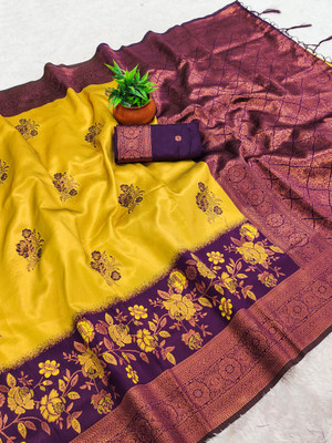 AVANTIKA FASHION Woven Kanjivaram Pure Silk, Art Silk Saree(Yellow, Purple)
