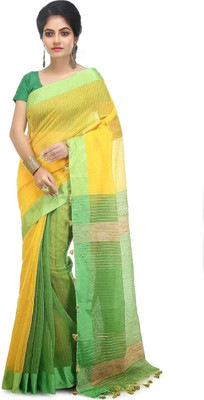 Ankita saree house Striped Handloom Cotton Silk Saree(Yellow)