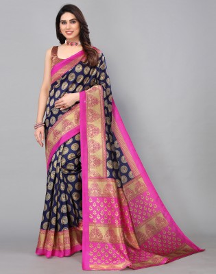 Samah Geometric Print, Printed, Self Design Mysore Silk Blend, Art Silk Saree(Blue, Pink)